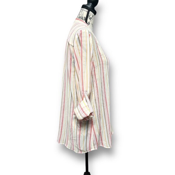 KUT From The Kloth White Striped Chiffon Sheer Roll Tab Sleeve Boho Coastal Sz L - Picture 5 of 9